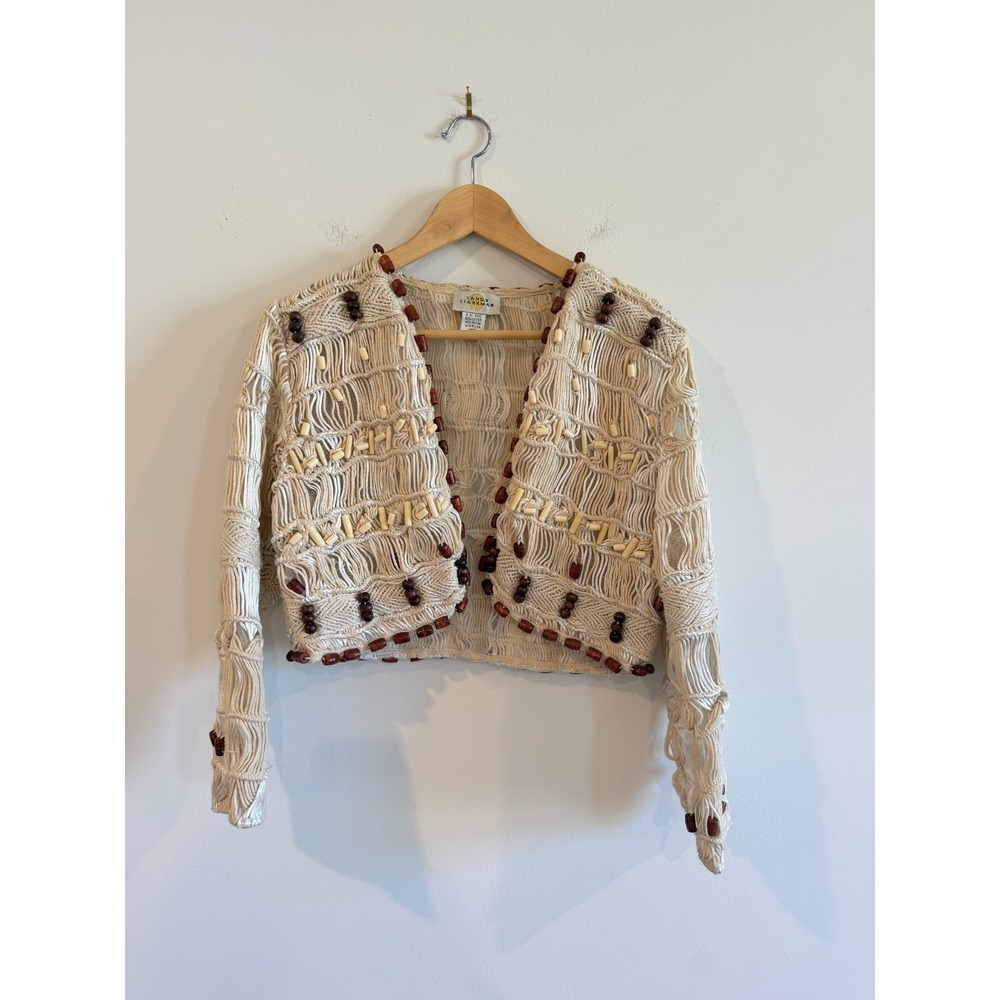 Sandy Starkman Weave Art Jacket Blazer Size Small Ivory Brown Beads cropped